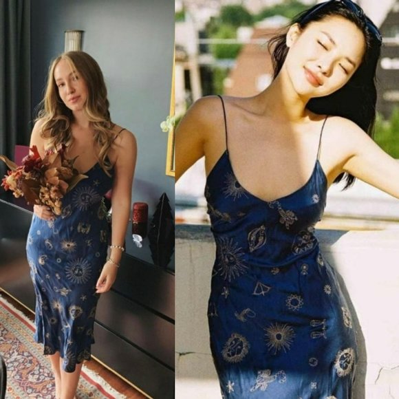 Realisation Par Zodiac 1996 Dress Blue Gold Embroidered Silk Slip Dress Medium - Picture 1 of 16